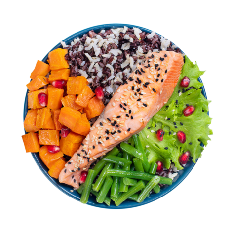 Салат-боул с семгой на пару, кенийской фасолью и гранатом